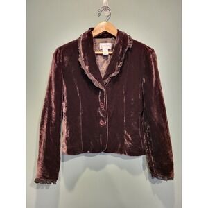 Vtg Brown Velvet Ruffle Trim Silk Blend Cottage Regency Button Up Blazer 2p